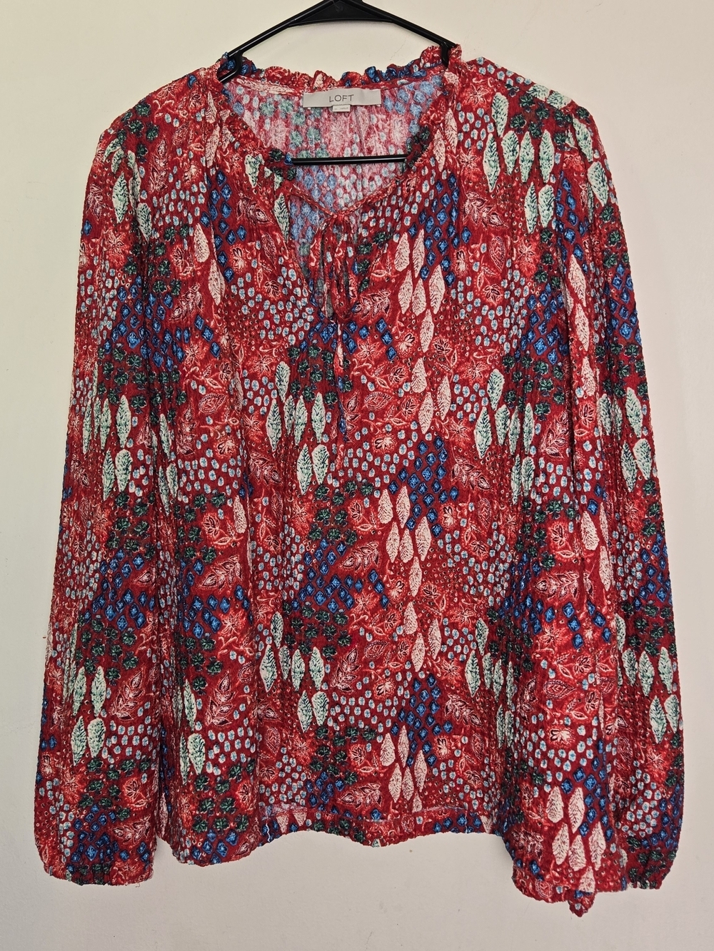 LOFT Gauzy Ruffle Neck Long Sleeve Top Size XL flowy Red Indie Bright Print - Picture 1 of 7